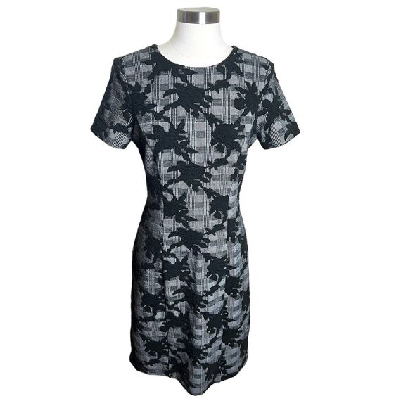 Brooks Brothers Dress Womens 4 Black Gray Floral Plaid Knit Sheath Short Sleeve - Picture 1 of 8